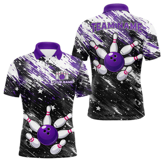 Maxcorners Personalized Grunge Bowling Shirt For Men Custom Bowling Polo & 1/4 Zip, Bowling Uniform |Purple LM0404