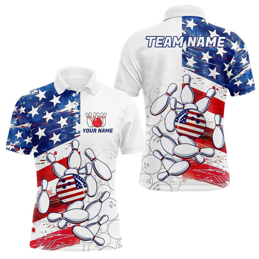 Maxcorners American Flag Patriotic Bowling Shirt For Men Custom Bowling Polo & Quarter Zip Team Shirts LM0404