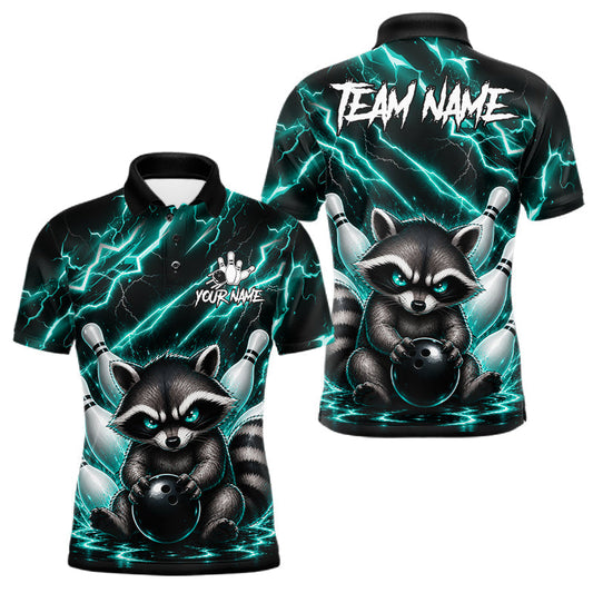 Maxcorners Turquoise Neon Lightning Raccoon Bowling Shirts For Men Custom Bowling Team Jersey Polo & Quarter Zip