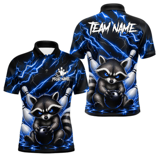 Maxcorners Blue Neon Lightning Raccoon Bowling Shirts For Men Custom Funny Bowling Team Jersey Polo & Quarter Zip
