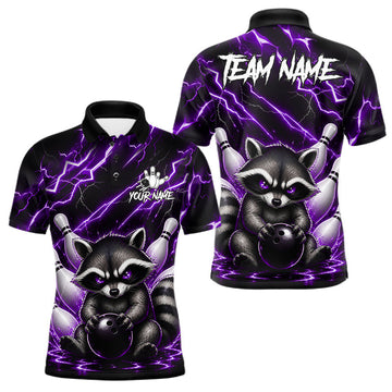 Maxcorners Purple Neon Lightning Raccoon Bowling Shirts For Men Custom Funny Bowling Team Jersey Polo & Quarter Zip
