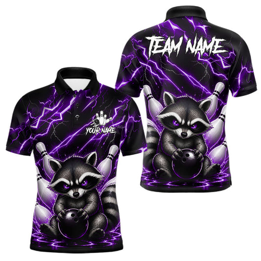 Maxcorners Purple Neon Lightning Raccoon Bowling Shirts For Men Custom Funny Bowling Team Jersey Polo & Quarter Zip