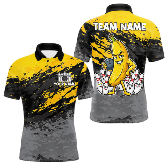 Maxcorners Yellow Funny Banana Grunge Bowling Shirts For Men Custom Bowling Gifts Team Jersey Polo & Quarter Zip
