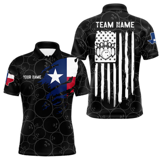 Maxcorners Personalized US Flag Texas Bowling Shirts For Men, Patriotic Bowling Team Jersey Polo & Quarter Zip