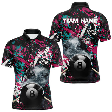 Maxcorners Custom Pink And Teal Camo 8 Ball Smoke Billiard Shirt For Men, Pool Team Jersey Polo & 1/4 Zip LM0503