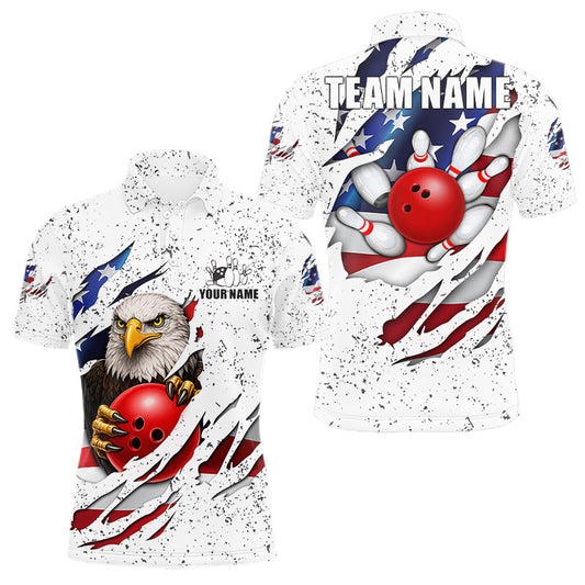 Maxcorners White Grunge US Flag Eagle Bowling Shirt For Men Custom Patriotic Bowling Team Jersey Polo & 1/4 Zip