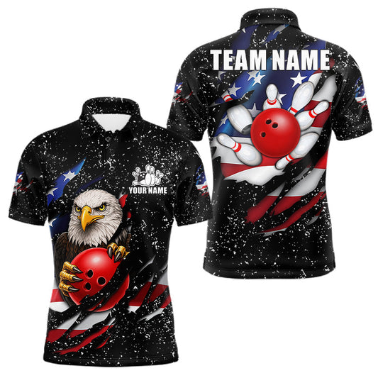 Maxcorners Black Grunge US Flag Eagle Bowling Shirt For Men Custom Patriotic Bowling Team Jersey Polo & 1/4 Zip