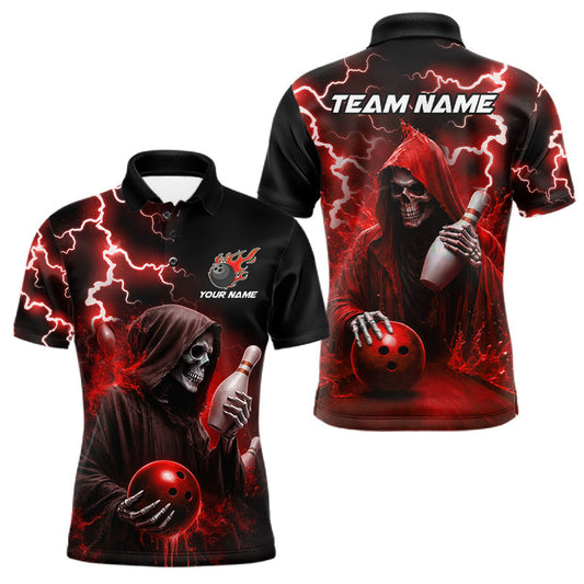 Maxcorners Red Grim Reaper Bowling Shirt For Men Custom Lightning Bowling Jersey Team Polo & Quarter Zip LM0607