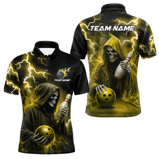 Maxcorners Yellow Grim Reaper Bowling Shirt For Men Custom Lightning Bowling Jersey Team Polo & 1/4 Zip LM0607