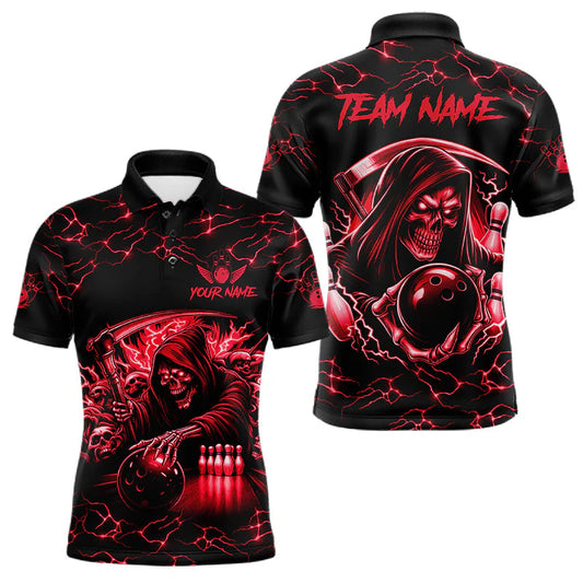 Maxcorners Custom Red Grim Reaper Lightning Bowling Shirt For Men, Skull Bowling Jersey Team Polo & 1/4 Zip LM0607