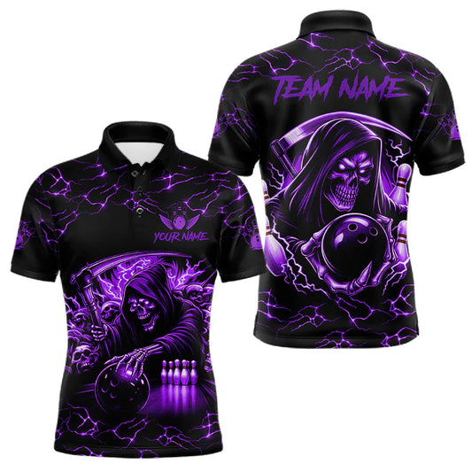 Maxcorners Custom Purple Grim Reaper Lightning Bowling Shirt For Men, Skull Bowling Jersey Team Polo & 1/4 Zip LM0607