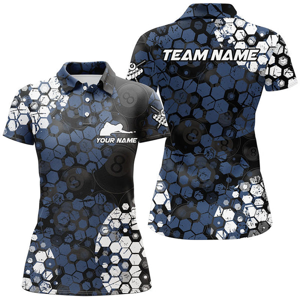 Maxcorners Personalized Blue And White Hive Billiard Shirts For Men Custom Grunge Retro Billiard Jerseys