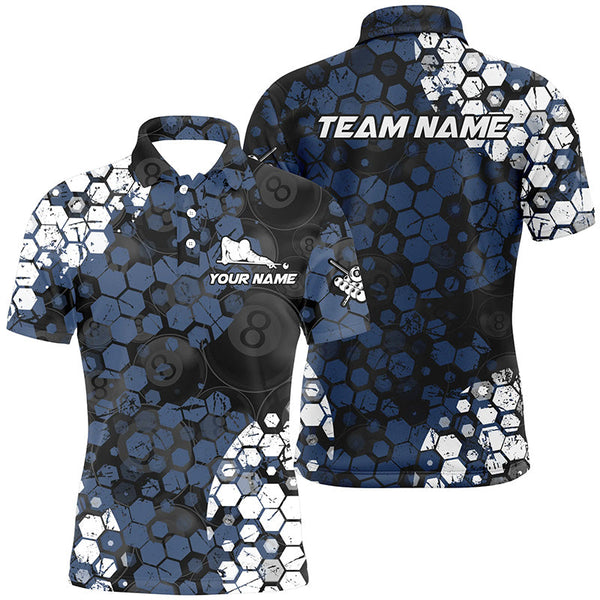 Maxcorners Personalized Blue And White Hive Billiard Shirts For Men Custom Grunge Retro Billiard Jerseys