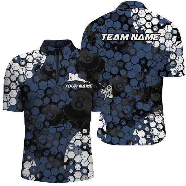 Maxcorners Personalized Blue And White Hive Billiard Shirts For Men Custom Grunge Retro Billiard Jerseys