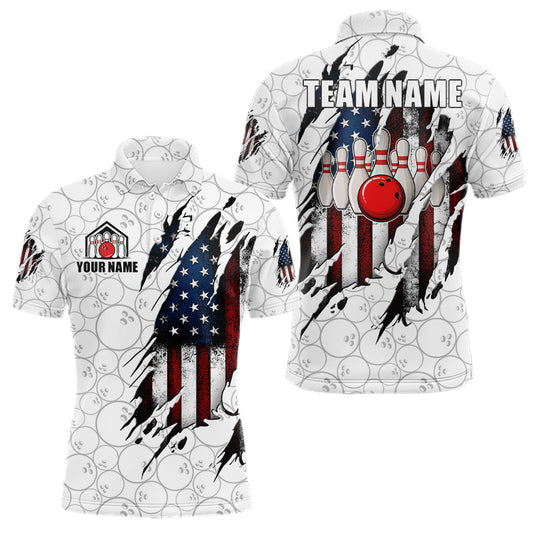 Maxcorners Vintage American Flag Bowling Shirts For Men, Custom Patriotic Bowling Team Jersey | White