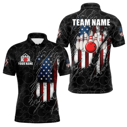 Maxcorners Vintage American Flag Bowling Shirts For Men, Custom Patriotic Bowling Team Jersey | Black