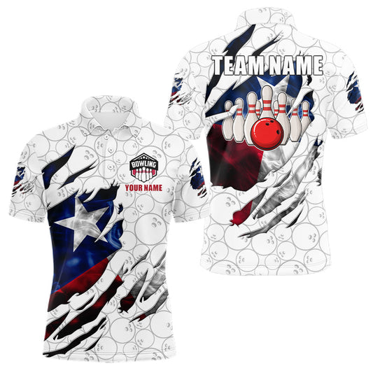 Maxcorners Custom Smoke Texas Flag White Bowling Shirts For Men, Patriotic Bowling Team Jersey Polo & 1/4 Zip