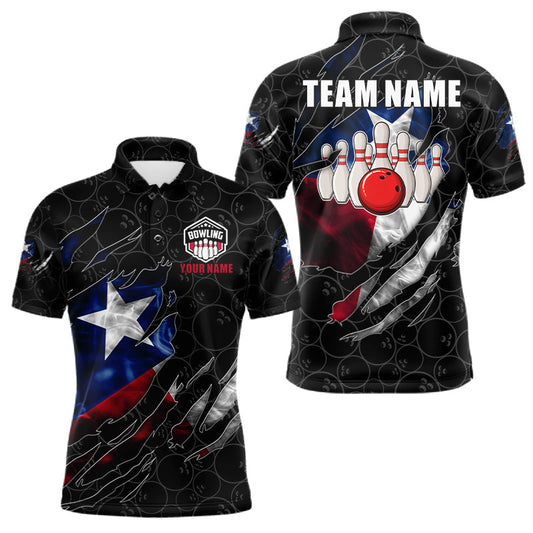 Maxcorners Custom Smoke Texas Flag Black Bowling Shirts For Men, Patriotic Bowling Team Jersey Polo & 1/4 Zip