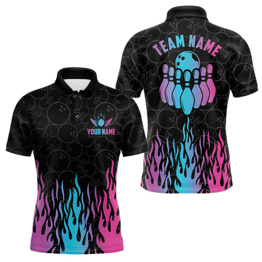 Maxcorners Personalized Fire Flame Neon Bowling Shirts For Men, Funny Bowling Team Jersey Polo & 1/4 Zip