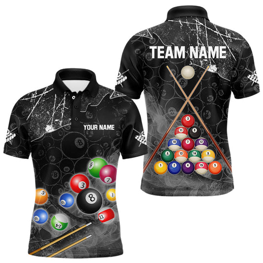 Maxcorners Personalized 8 Ball Pattern Smoke Men Billiard Shirts Custom 3D Billiard Balls Pool Jerseys | Black