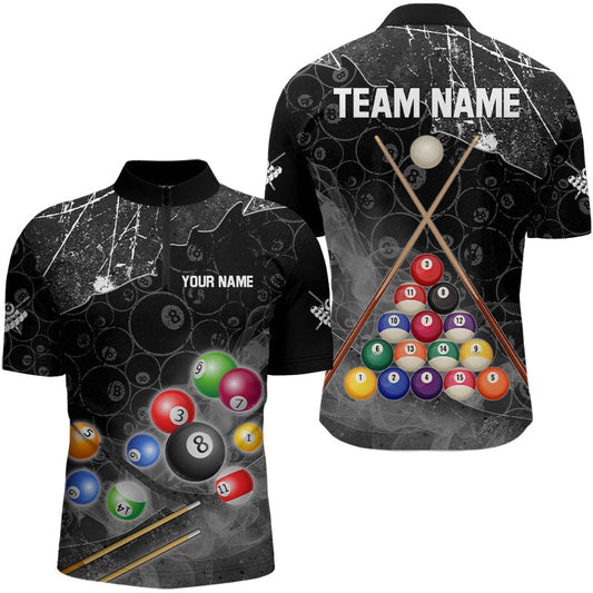 Maxcorners Personalized 8 Ball Pattern Smoke Men Billiard Shirts Custom 3D Billiard Balls Pool Jerseys | Black