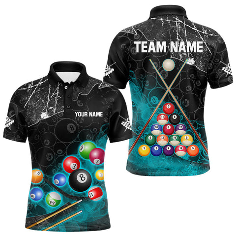 Maxcorners Personalized 8 Ball Pattern Billiard Cyan 3D Polo Shirts For Men, Custom Billiard Balls Jerseys