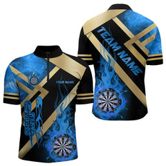 Maxcorners Personalized Gold And Blue Dartboard Fire Flame Custom Darts Shirts For Men, Darts Team Jerseys