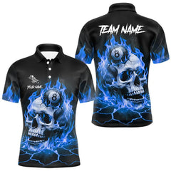 Maxcorners Blue Flaming Skull 8 Ball Billiard Shirt For Men Custom Pool Team Jersey Polo & Quarter Zip