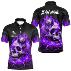 Maxcorners Purple Flaming Skull 8 Ball Billiard Shirt For Men Custom Pool Team Jersey Polo & Quarter Zip