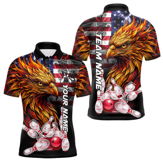 Maxcorners Smoke American Flag Phoenix Bowling Polo, Quarter Zip For Men Custom Patriotic Bowling Team Jersey LM0706
