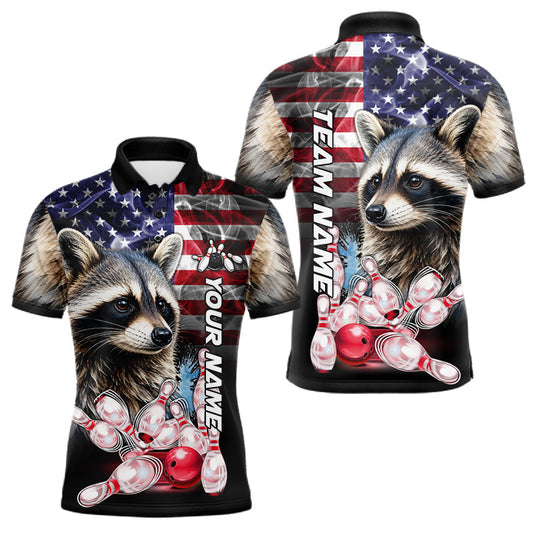 Maxcorners Smoke American Flag Raccoon Bowling Polo, Quarter Zip For Men Custom Patriotic Bowling Team Jersey LM0706
