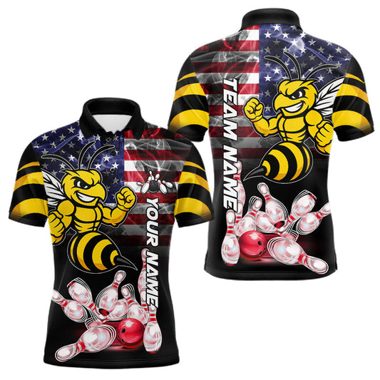 Maxcorners Smoke American Flag Funny Bee Bowling Polo, 1/4 Zip For Men Custom Patriotic Bowling Team Jersey LM0706