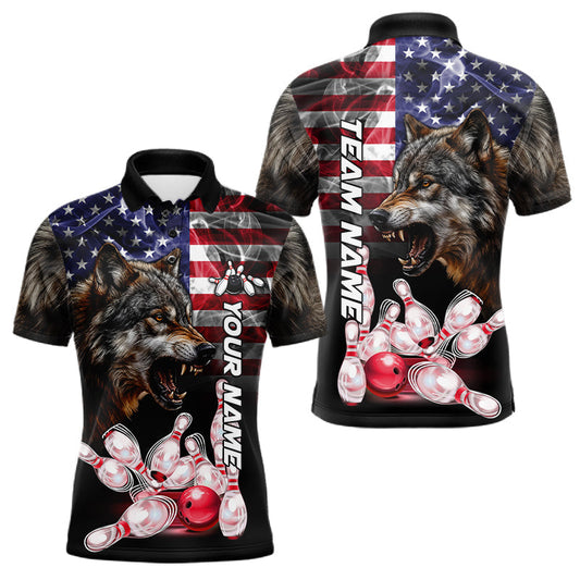 Maxcorners Smoke American Flag Wolf Bowling Polo, Quarter Zip For Men Custom Patriotic Bowling Team Jersey LM0706