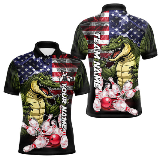 Maxcorners Smoke American Alligator Bowling Polo, Quarter Zip For Men Custom Patriotic Bowling Team Jersey LM0706