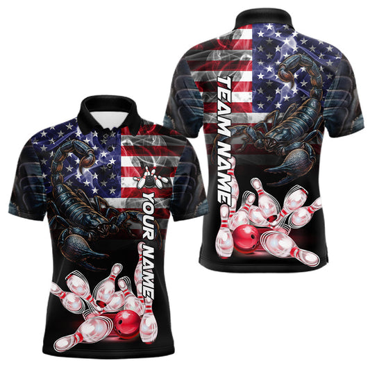 Maxcorners Smoke American Flag Scorpion Bowling Polo, 1/4 Zip For Men Custom Patriotic Bowling Team Jersey LM0706