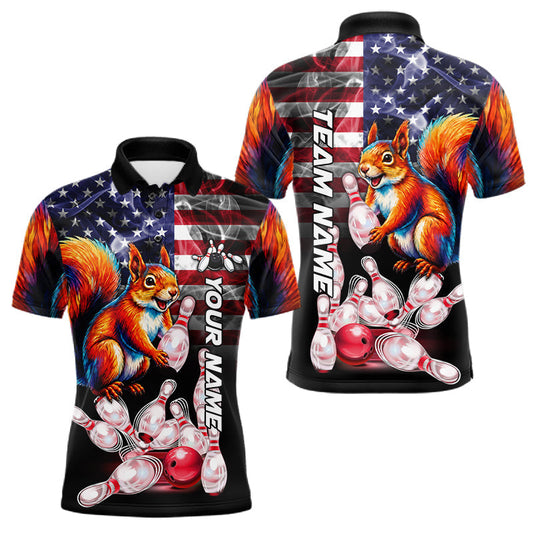 Maxcorners Smoke American Flag Squirrel Bowling Polo, 1/4 Zip For Men Custom Patriotic Bowling Team Jersey LM0706
