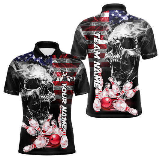 Maxcorners Smoke American Flag Skull Bowling Polo, Quarter Zip For Men Custom Patriotic Bowling Team Jersey LM0706