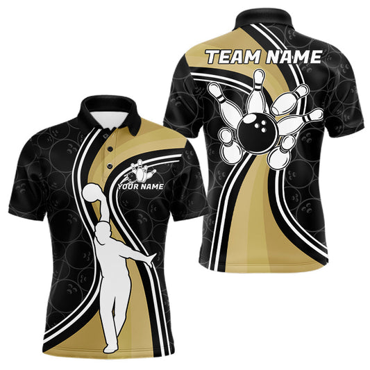 Maxcorners Black And Gold Retro Bowling Shirts For Men Custom Bowling Jersey Polo & 1/4 Zip, Bowling Gifts LM0706
