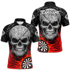 Maxcorners Black And Red Flaming Skull Darts Shirt For Men Custom Darts League Jersey Team Polo & 1/4 Zip TU0812