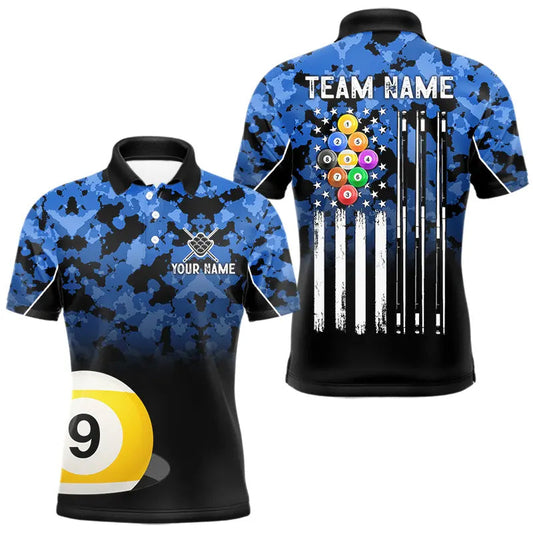 Maxcorners 9 Ball Pool Blue Camo Custom Billiard Shirts For Men, Patriotic US Flag Billiard Team Jerseys LM0901
