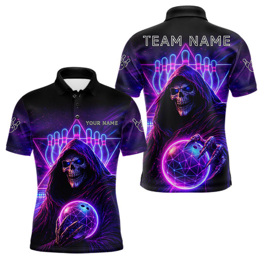 Maxcorners Custom Neon Grim Reaper Bowling Polo & 1/4 Zip Shirts For Men, Bowling Team Jersey Uniform