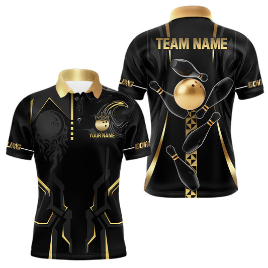 Maxcorners Custom Black And Gold Bowling Shirt For Men, Bowling Tournament Team Jersey Polo & 1/4 Zip LM2704