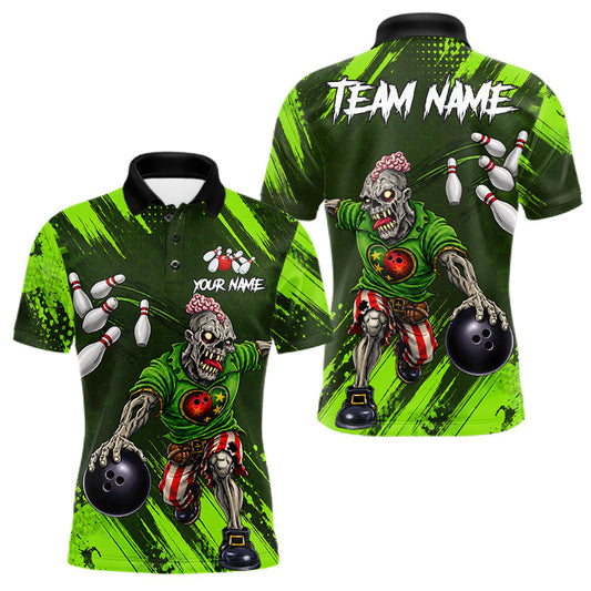 Maxcorners Custom Green Funny Zombie Bowling Shirt For Men, Bowling Team League Jersey Polo & Quarter Zip LM1005