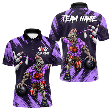 Maxcorners Custom Purple Funny Zombie Bowling Shirt For Men, Bowling Team League Jersey Polo & Quarter Zip LM1005
