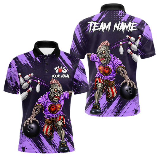 Maxcorners Custom Purple Funny Zombie Bowling Shirt For Men, Bowling Team League Jersey Polo & Quarter Zip LM1005