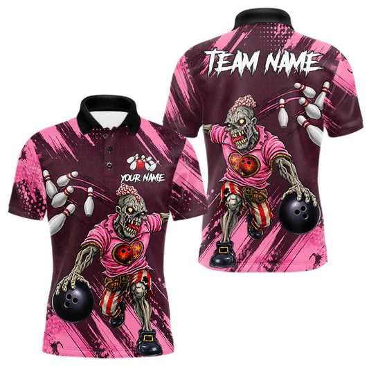 Maxcorners Custom Pink Funny Zombie Bowling Shirt For Men, Bowling Team League Jersey Polo & Quarter Zip LM1005