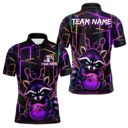 Maxcorners Custom Funny Purple Neon Raccoon Bowling Shirts For Men, Bowling Team Jersey Polo & Quarter Zip
