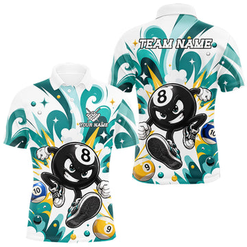 Maxcorners Teal Funny 8 Ball Pool Graffiti Billiard Shirts For Men Custom Billiard Team Jersey Polo & 1/4 Zip