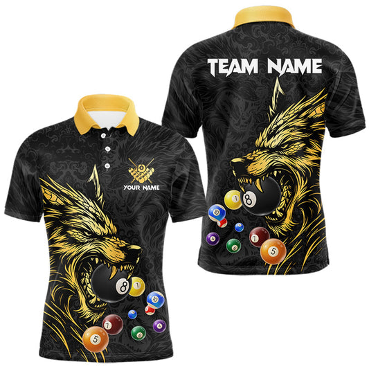 Maxcorners Personalized Wolf Billiard Balls Pool Shirts For Men, Black And Gold Billiard League Team Jerseys LM2711