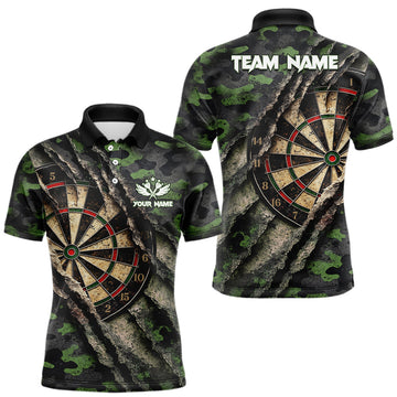 Maxcorners Green Retro Grunge Camo Darts Shirt For Men Custom Darts Jersey Team Polo & Quarter Zip Uniform